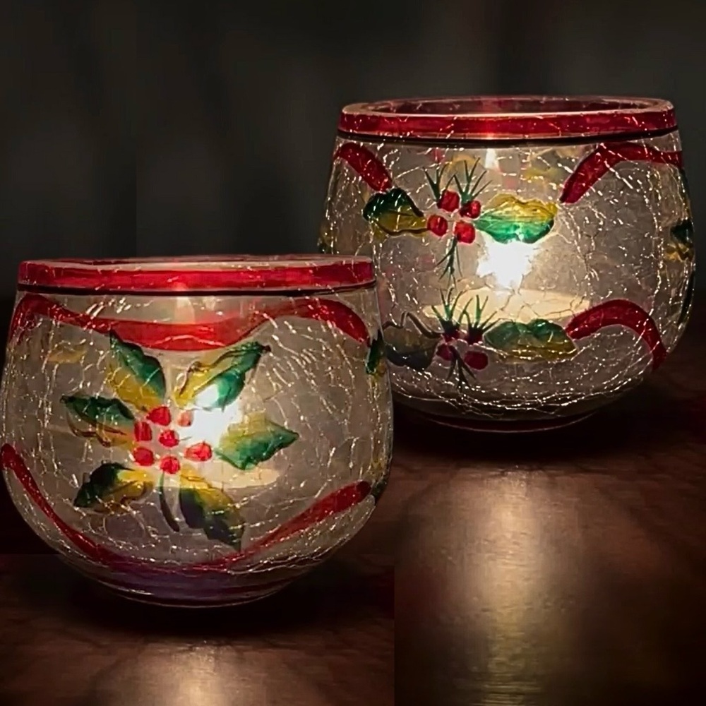 Set of 2 Holiday Crackle Glass Votives